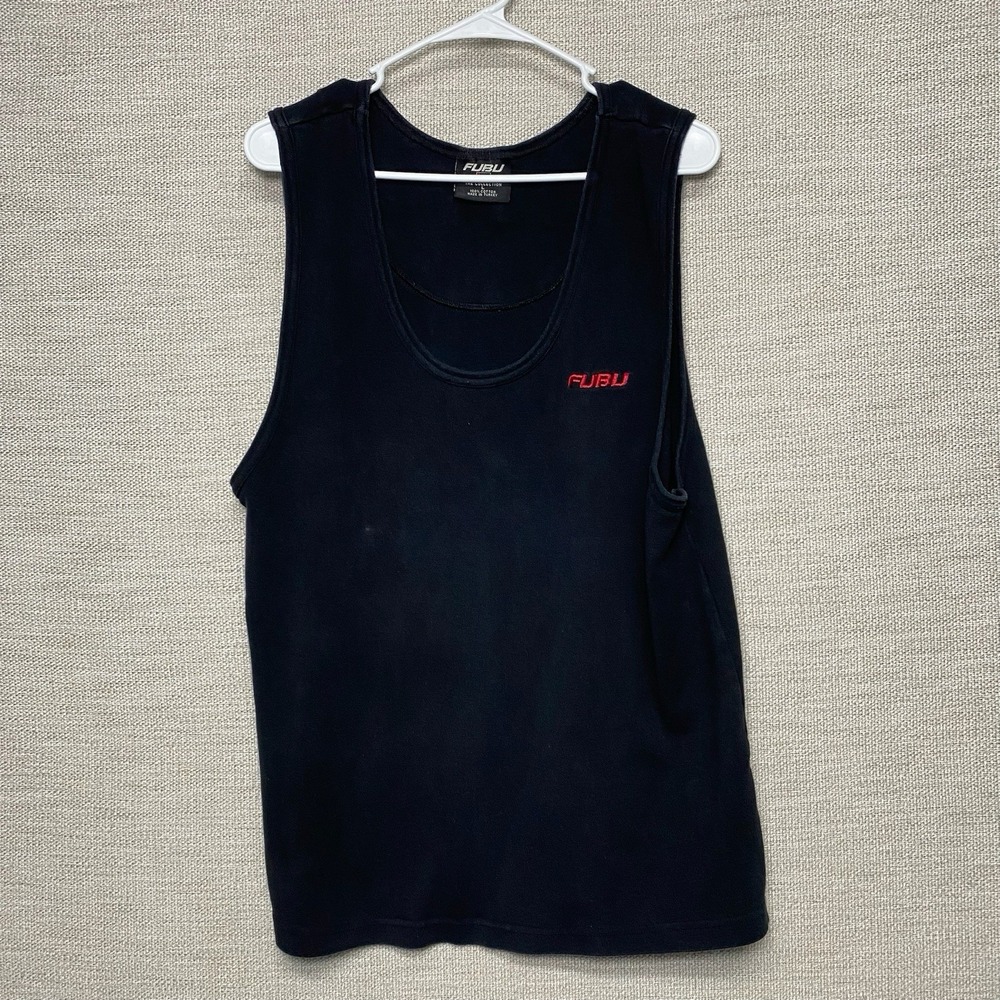 90s FUBU The Collection Tank T Shirt L Mens Sleeveless Crew Neck Black Distresse